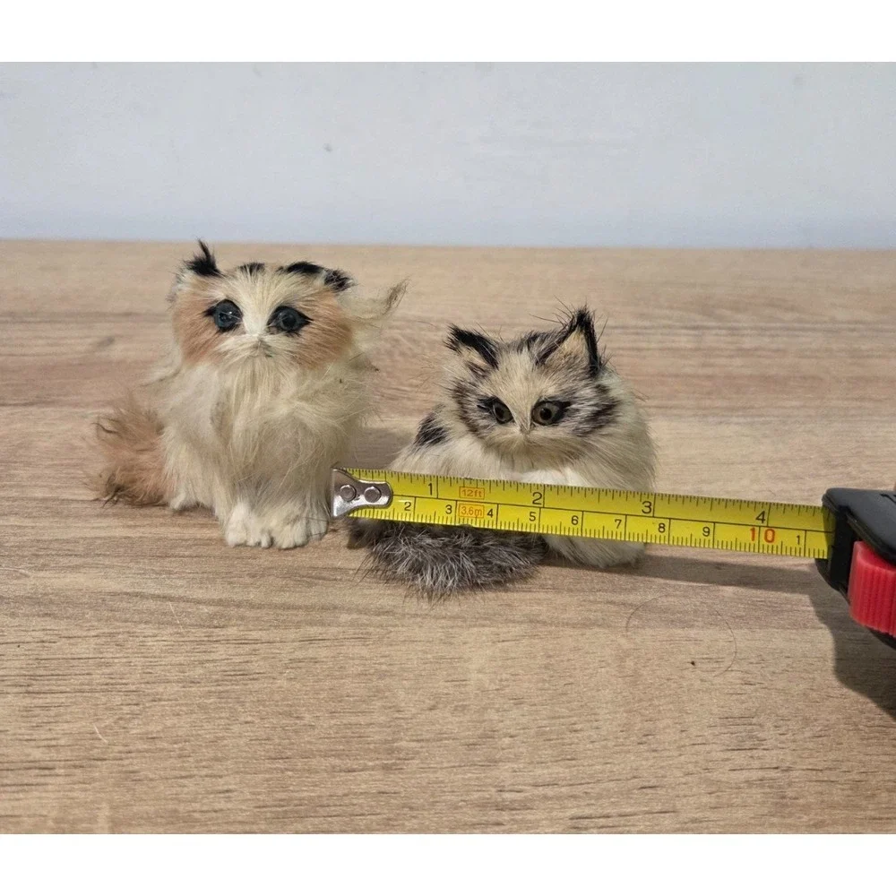 Set of 3 Vintage Real Rabbit Fur Cat Kitten Figurines White Calico